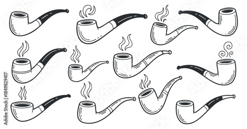 A collection of vintage smoking pipes with smoke in black and white outline vector style, ideal for retro-themed designs
