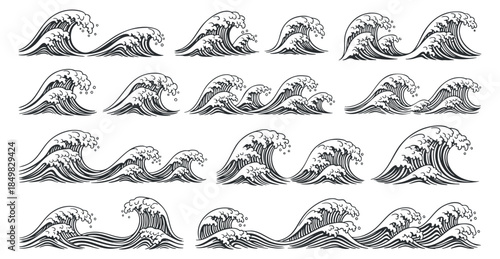 A collection of stylized ocean waves in black and white outline vector style, suitable for surf-related designs and illustrations