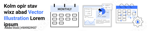 Business planning, scheduling, data analysis, time management, workflow optimization, productivity tools. A monthly calendar, data charts and gear icon. Business planning and scheduling concepts