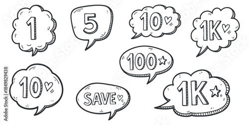 A collection of hand-drawn speech bubbles featuring numbers such as 1, 5, 10, 100, and 1K in black and white vector style, perfect for creative digital projects