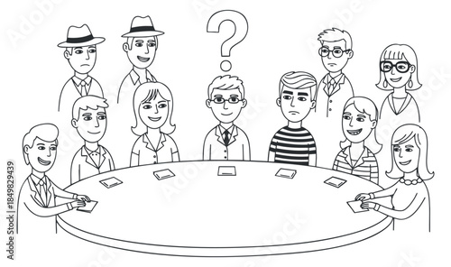 A group of diverse business professionals gathered around a table with a question mark in a black and white outline vector style, ideal for teamwork and brainstorming illustrations