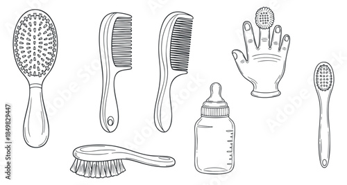 A collection of grooming tools including brushes, combs, a baby bottle, and a hand in minimalist outline vector style, suitable for parenting and beauty projects