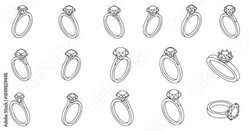 A collection of outline engagement rings with various diamond designs in minimalist vector style, perfect for wedding and jewelry branding
