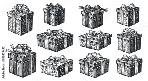 A collection of decorative gift boxes with ribbons and bows in black and white hand-drawn vector style, ideal for holiday designs