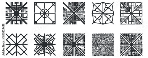 A set of geometric abstract patterns with intricate designs in black and white vector style, perfect for modern graphic projects