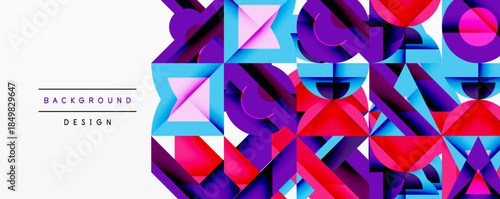 Abstract geometric shapes overlap, creating vibrant colorful background. Modern design utilizes gradients, shadows, depth.