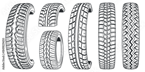 A collection of six tire designs showcasing various tread patterns in clean black and white outline vector style, ideal for automotive branding and illustration.