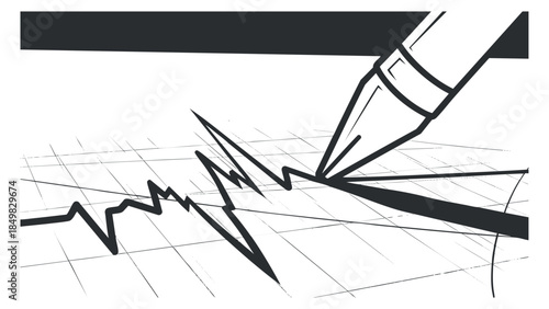 A pen creating dynamic lines and graphs in a minimalist black and white vector style, suitable for educational and business projects