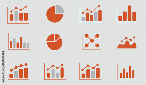 Collection of twelve distinct orange and gray data visualization icons including various bar charts line graphs pie charts and scatter plots for business analytics reporting