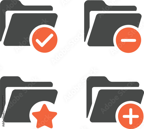 Set of four distinct folder icons representing common file management actions like adding removing marking as favorite and confirming selection in digital interfaces