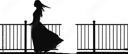 Black silhouette of a woman in a long dress standing by a balcony railing for elegance peacefulness loneliness and romantic contemplation concepts