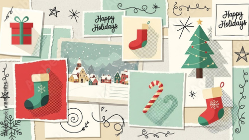 Festive Holiday Cards and Christmas Decorations with Stockings, Trees, and Candy Canes