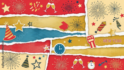 New Year Celebration Background with Fireworks, Stars, and Party Hats in Red, Gold, Blue, and Cream Colors