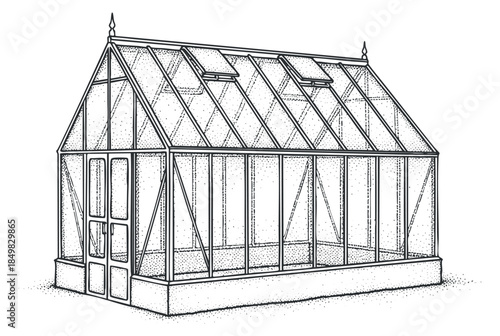 A detailed illustration of a greenhouse with glass panels in a hand-drawn outline style, perfect for gardening and landscaping projects