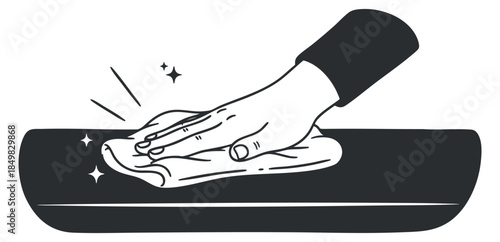 A hand wiping a surface in minimalist black and white vector style, ideal for cleaning service branding and hygiene awareness