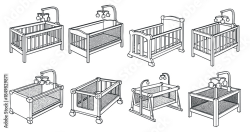 A collection of eight baby cribs and playpens in clean outline vector style, perfect for nursery design and childcare illustrations