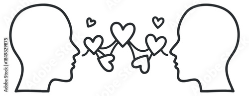 A minimalist outline illustration of two faces connecting with hearts in a romantic vector style, perfect for love-themed designs