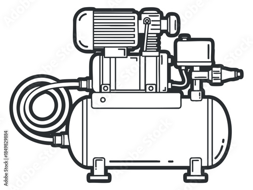 An air compressor with motor and tank in minimalistic outline vector style, suitable for industrial and mechanical illustrations
