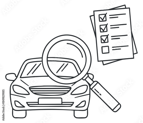 A car with a magnifying glass and a checklist in black and white outline vector style, ideal for automotive inspection and service branding
