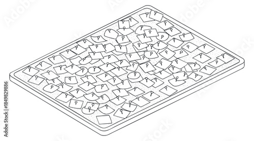 An isometric illustration of a computer keyboard in flat outline minimalist vector style, suitable for technology and digital design projects