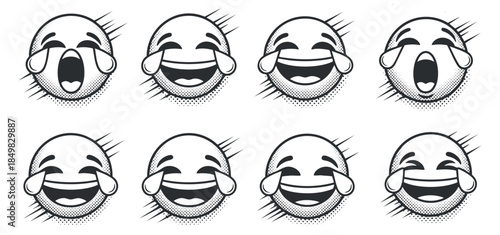 A collection of laughing emoji faces with tears in a black and white comic style vector illustration, perfect for social media and entertainment designs