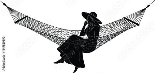 Black silhouette of a woman wearing a sun hat sitting in a hammock representing summer relaxation travel leisure and peaceful vacation vibes
