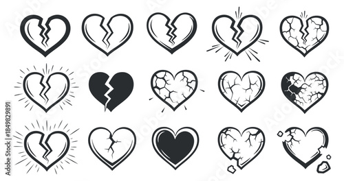 A collection of broken heart illustrations in various styles including outline and modern vector, ideal for emotional design projects