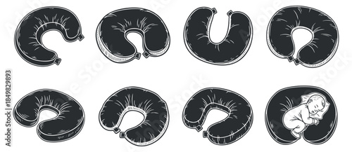 A collection of travel neck pillows in various shapes and styles in black and white minimalist vector design, ideal for travel-related projects