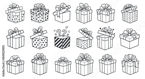 A collection of gift boxes with ribbons and bows in black and white outline vector style, suitable for festive designs and celebrations