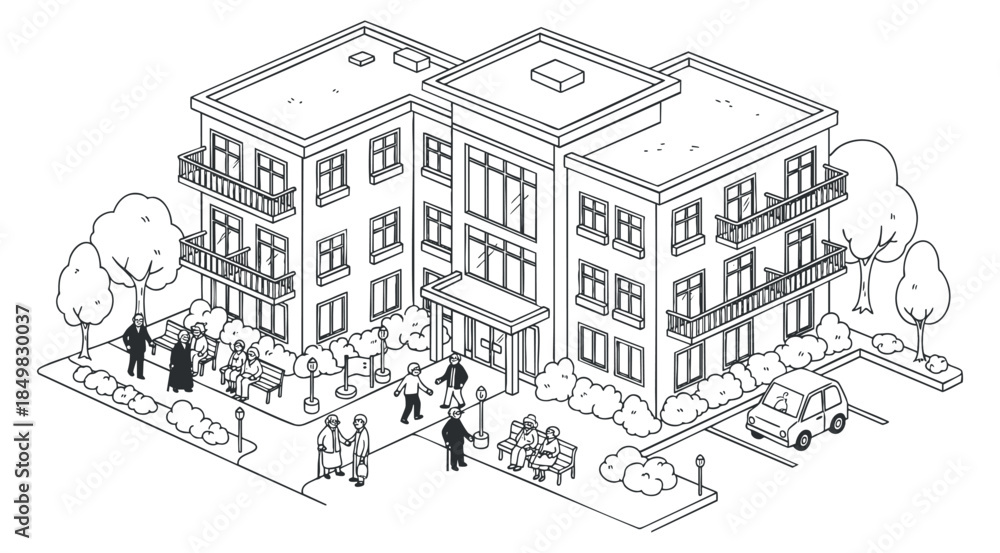 Obraz premium A detailed illustration of a residential building with people engaged in outdoor activities in minimalist line art style, perfect for urban lifestyle themes