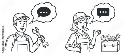 A set of a male mechanic with a wrench and a female technician with a toolbox in black and white outline vector style, suitable for service industry illustrations