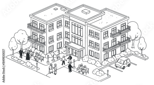 A detailed illustration of a residential building with people engaged in outdoor activities in minimalist line art style, perfect for urban lifestyle themes