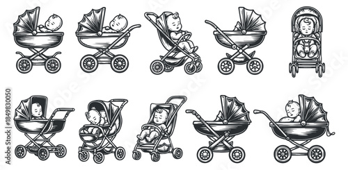 A collection of baby strollers and carriages with infants in black and white outline vector style, suitable for parenting and childcare illustrations