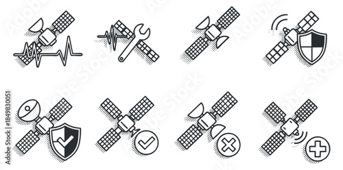A collection of satellite icons with various features in outline vector style, suitable for technology and communication projects