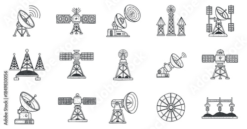 A collection of communication and satellite dish icons in clean outline vector style, suitable for technology and telecommunications projects