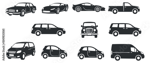 A collection of various car silhouettes including sedans, sports cars, pickup trucks, and SUVs in black and white vector style, ideal for automotive design projects