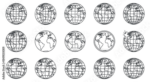 A collection of globe icons featuring world maps in black and white outline vector style, ideal for educational and travel design projects