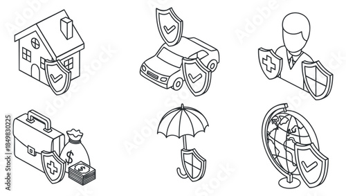 A collection of insurance and protection icons including a house, car, health, and globe in black outline vector style, suitable for financial and insurance services