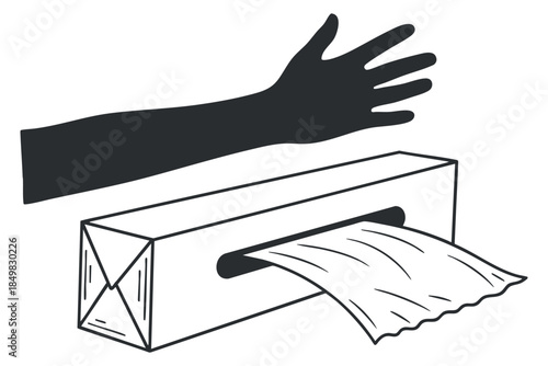 A hand reaching towards a tissue box with a tissue being pulled out in minimalist black and white vector style, ideal for health and hygiene-related projects