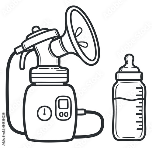 A breast pump machine with a baby bottle in outline style, ideal for parenting and motherhood themes