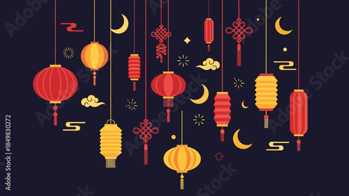 Hanging Chinese Lanterns and Symbols.