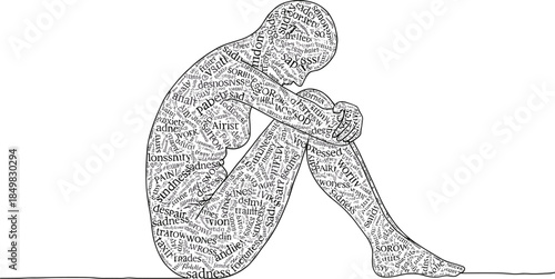 Word cloud illustration of a curled up person silhouette containing words about depression anxiety and sadness for mental health awareness concepts
