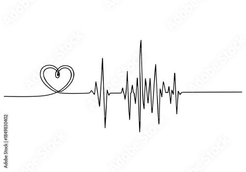 Continuous line drawing of a heart connected to a cardiogram pulse representing health and life, with a delicate hand-drawn aesthetic