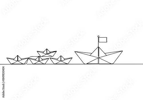 Continuous line drawing illustrating a large paper boat leading a fleet of smaller paper boats, symbolizing leadership and teamwork