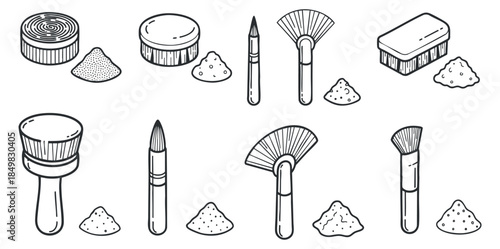A collection of makeup brushes, powders, and beauty tools in minimalist black outline vector style, perfect for cosmetic branding and beauty illustrations