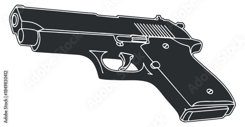 A detailed outline of a handgun in minimalist black and white vector style, suitable for educational or safety-related materials