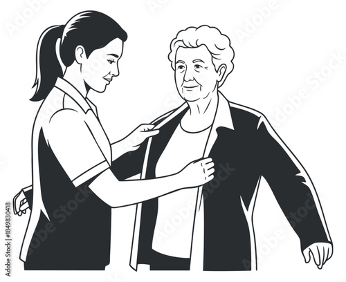 A nurse assisting an elderly woman with care in black and white vector style, ideal for healthcare and community service projects
