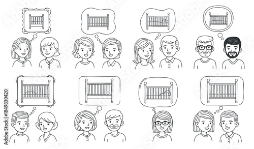 A collection of characters thinking about frames and cribs in a black and white minimalist vector style, suitable for family and parenting themes