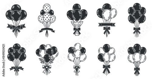 A collection of black and white balloon bundles illustrated in a minimalist vector style, perfect for party invitations and decoration design