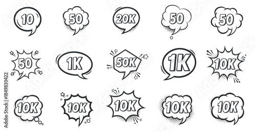A set of speech bubbles featuring various numbers like 1K, 10K, and 50K in modern black and white outline vector style, suitable for social media graphics and marketing materials